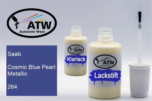 Saab, Cosmic Blue Pearl Metallic, 264: 20ml Lackstift + 20ml Klarlack - Set, von ATW Autoteile West.